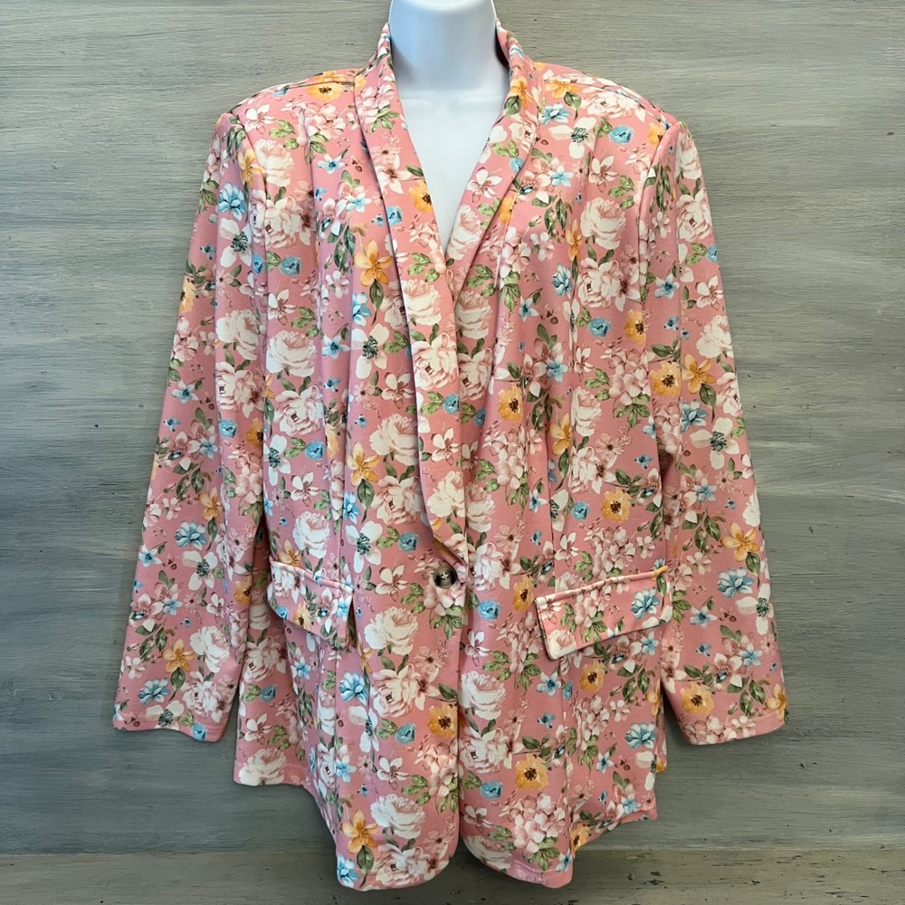 SHEIN Curve Pink Multi‎ Color Floral Print One Button Blazer Size 3XL GC